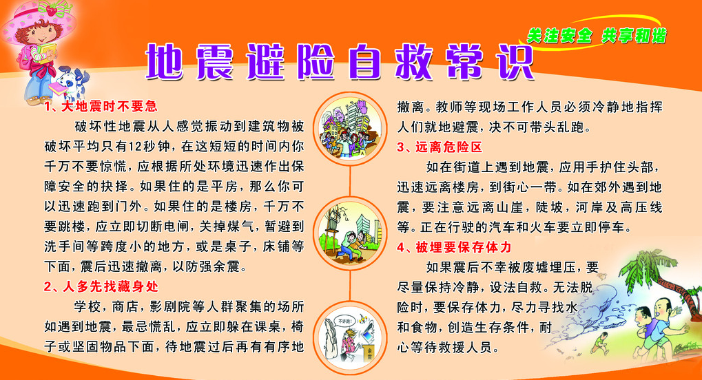 1. 摇晃时立即关火,失火时立即灭火 大地震时,也会有不能依赖消防车来灭火的情形。因此,我们每个人关火、灭火的这种努力,是能否将地震灾害控制在最小程度的重要因素。 从平时就养成即便是小的地震也关火的习惯吧。 为了不使火灾酿成大祸,家里人自不用说,左邻右舍之间互相帮助,厉行早期灭火是极为重要的。 地震的时候,关火的机会有三次: 第一次机会 在大的晃动来临之前的小的晃动之时 在感知小的晃动的瞬间,即刻互相招呼:地震!快关火!,关闭正在使用的取暖炉、煤气炉等。 第二次机会 在大的晃动停息的时候 在发生大的晃动